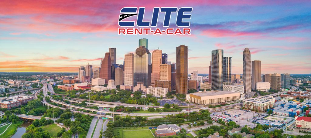Elite Rent a Car Houston Texas. Skyline of Houston town down drone.